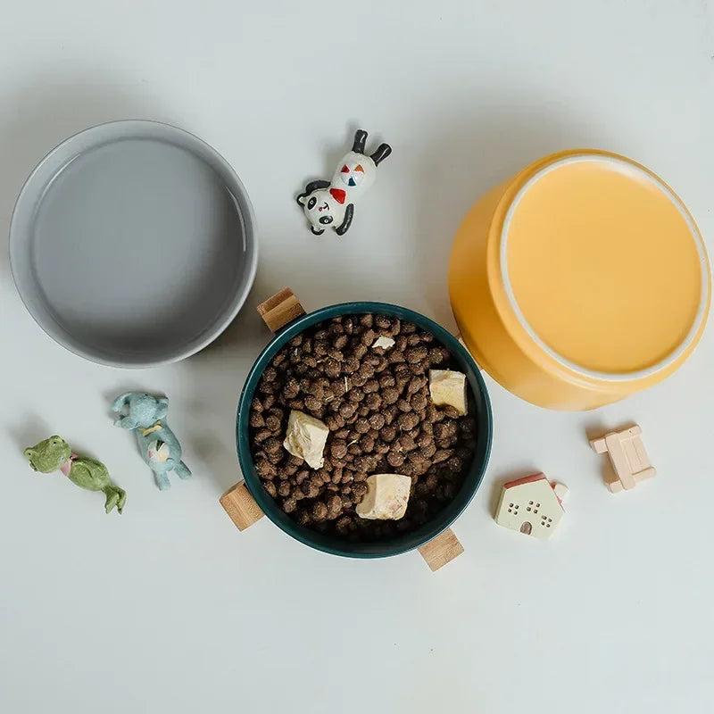 Premium Ceramic Cat Bowl | Wooden Base | Stylish & Functional!