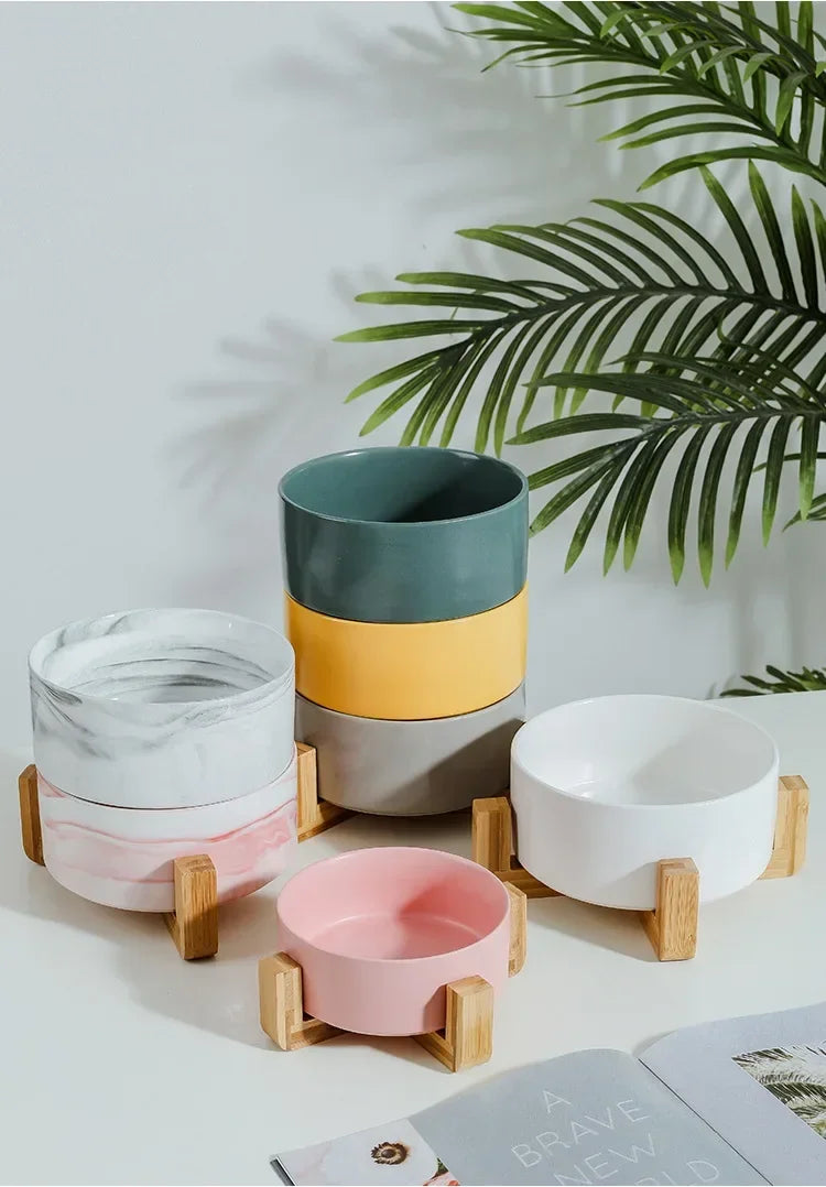 Premium Ceramic Cat Bowl | Wooden Base | Stylish & Functional!