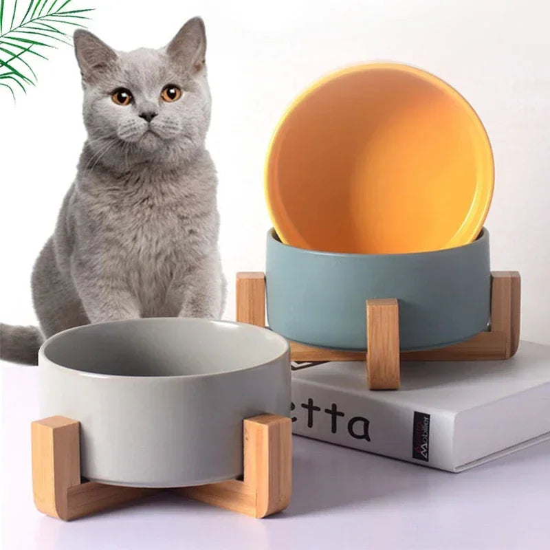 Premium Ceramic Cat Bowl | Wooden Base | Stylish & Functional!