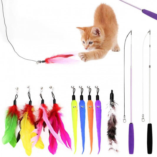 Cat Toys Feather Toy, 2PCS Retractable Wand and 10PCS Replacement Teaser with Bell Refills, Interactive Catcher and Funny Exercise for Kitten