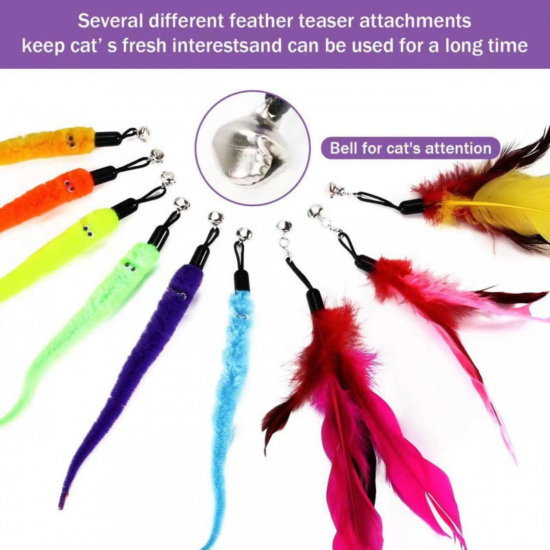 Cat Toys Feather Toy, 2PCS Retractable Wand and 10PCS Replacement Teaser with Bell Refills, Interactive Catcher and Funny Exercise for Kitten