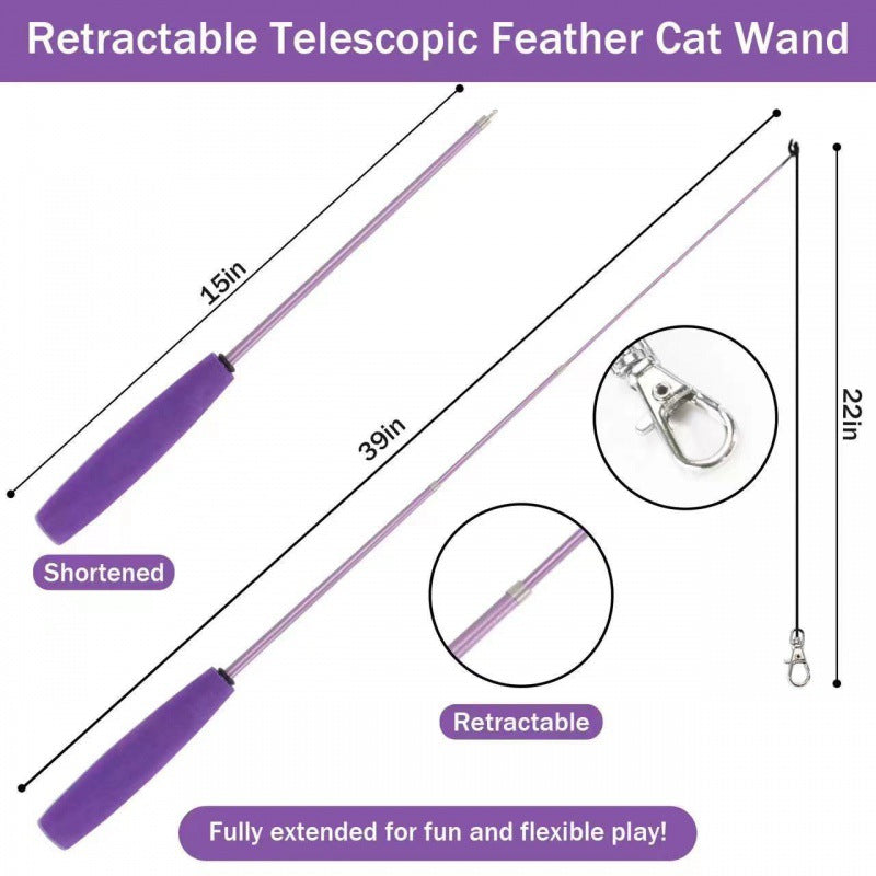 Cat Toys Feather Toy, 2PCS Retractable Wand and 10PCS Replacement Teaser with Bell Refills, Interactive Catcher and Funny Exercise for Kitten