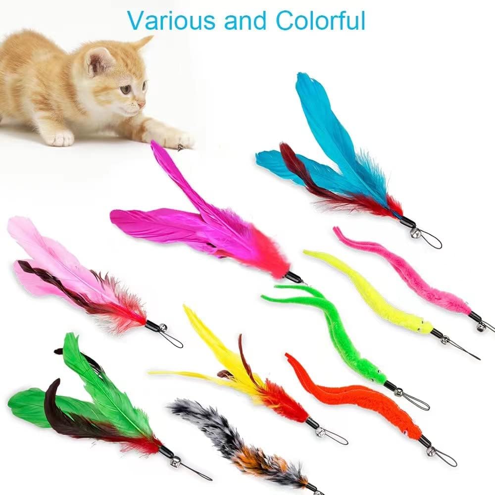 Cat Toys Feather Toy, 2PCS Retractable Wand and 10PCS Replacement Teaser with Bell Refills, Interactive Catcher and Funny Exercise for Kitten