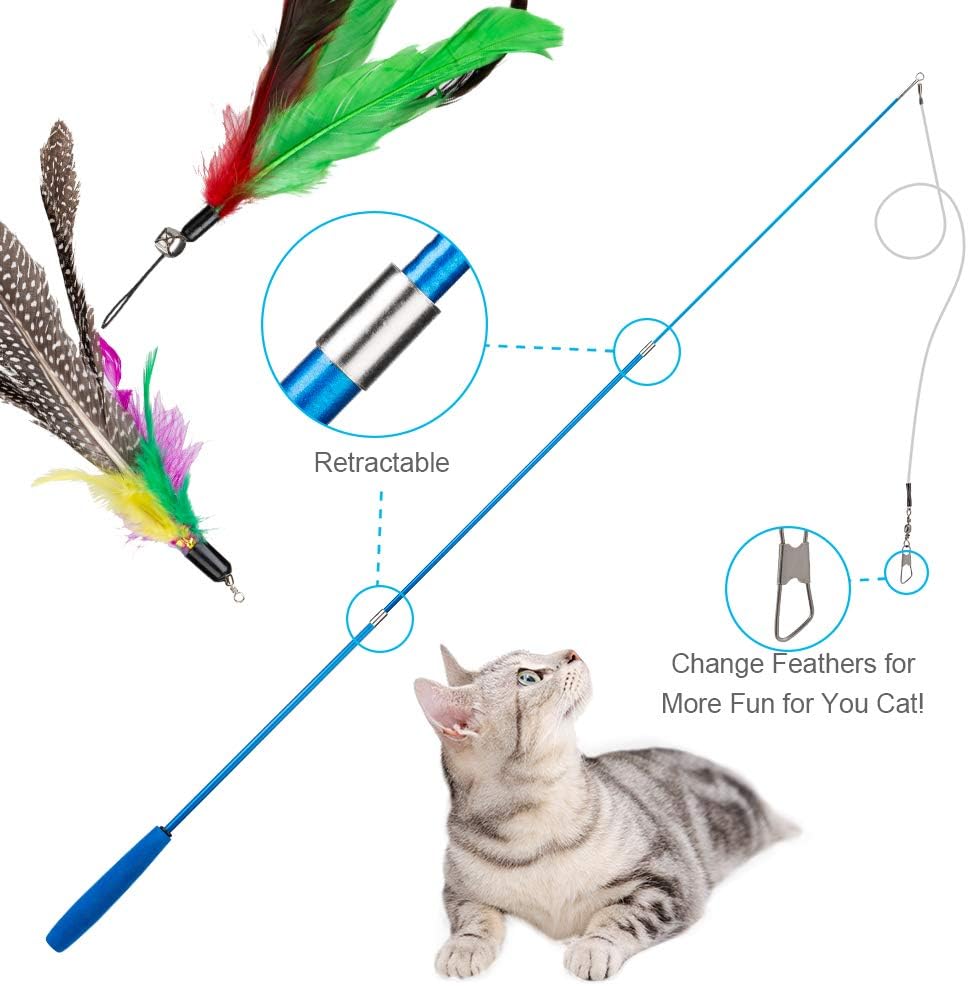 Cat Toys Feather Toy, 2PCS Retractable Wand and 10PCS Replacement Teaser with Bell Refills, Interactive Catcher and Funny Exercise for Kitten