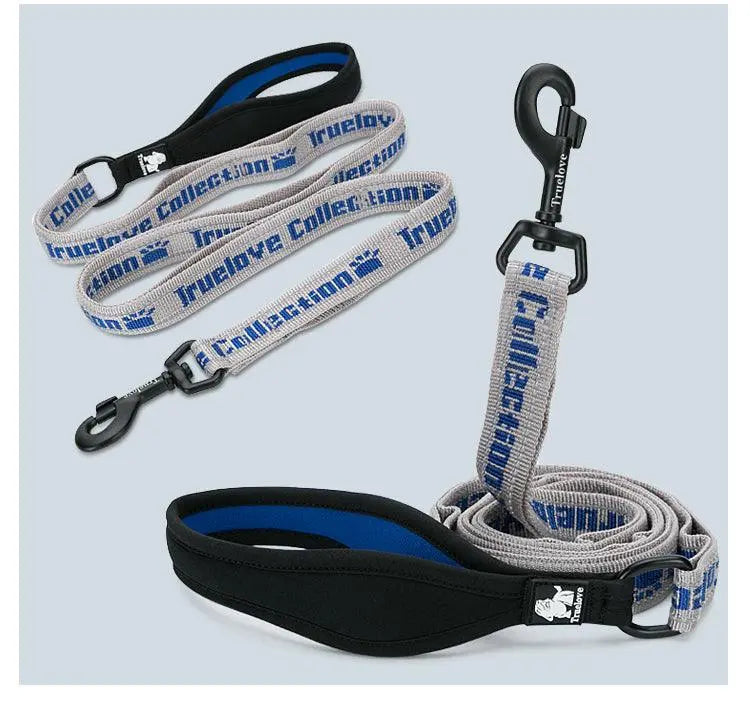 Durable reflective dog leash during a walk for enhanced safetyEdited Alt Text: Reflective dog leash providing safety during a walk.