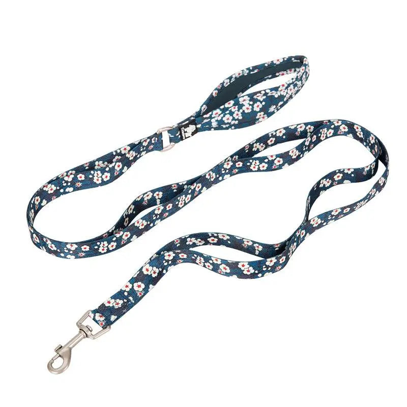 Multi-Handle Dog Leash in floral pattern displayed on a flat surface.