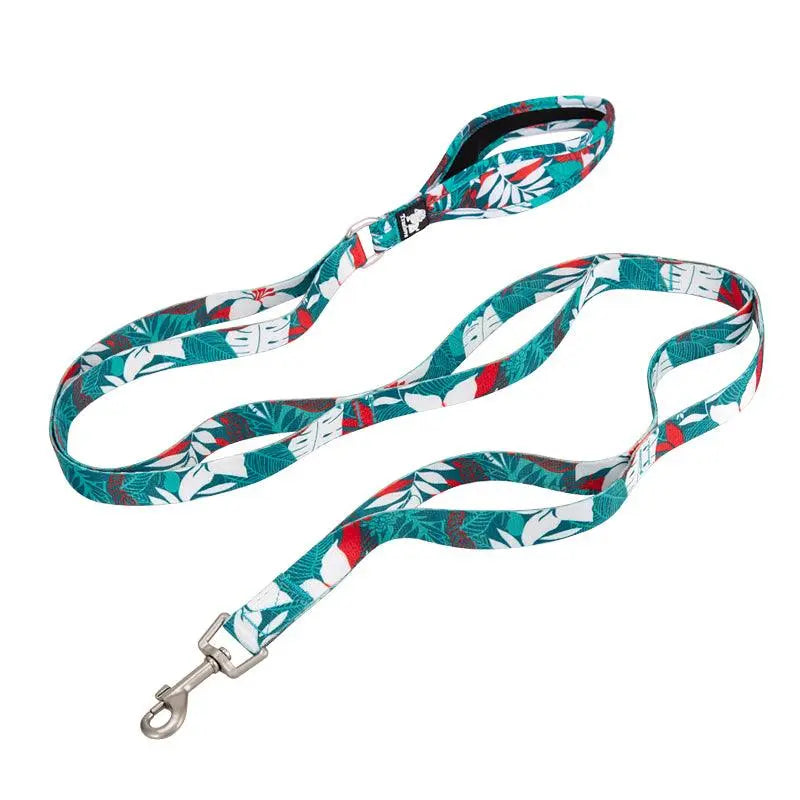 Multi-Handle Dog Leash in floral pattern displayed on a flat surface.