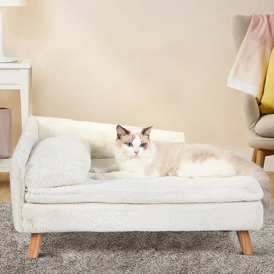 Waterproof Plush Elevated Cat Lounge Sofa with Solid Wood Legs & Cushion