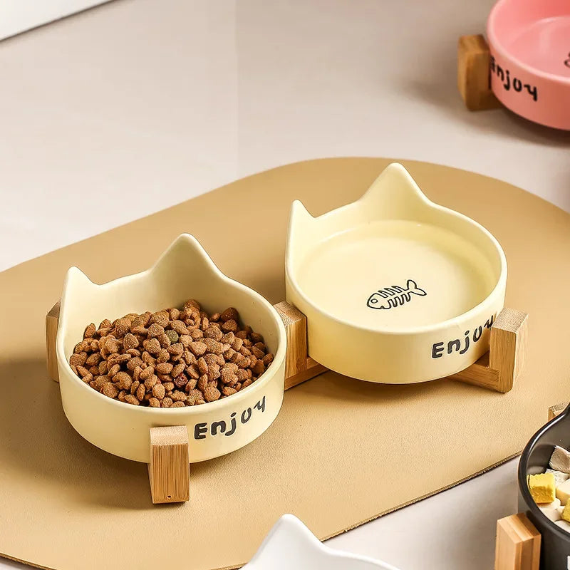 Ceramic Single/Double Cat Bowl |Bamboo Stand |Perfect for Your Furry Friend!