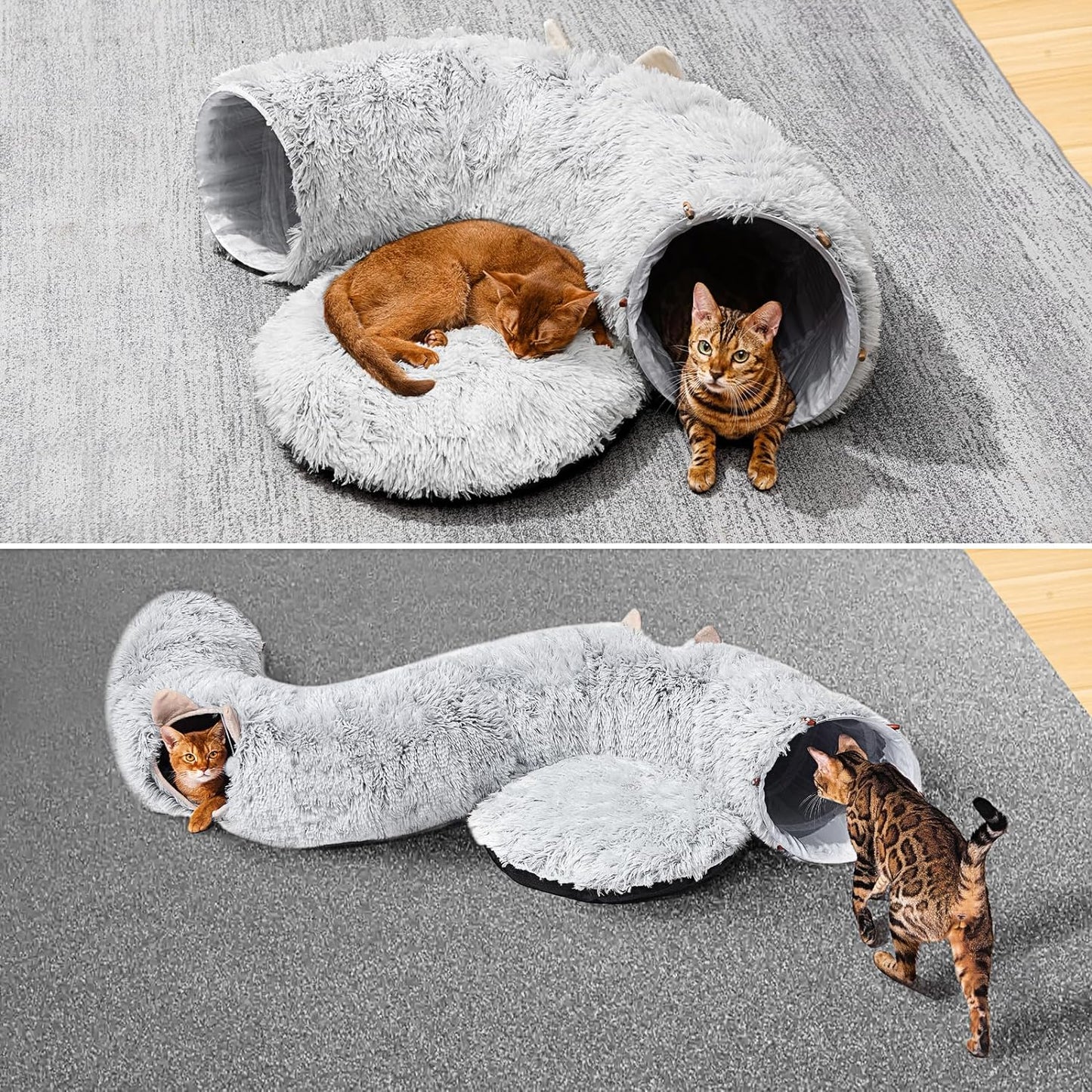 Cat Tunnel with Cat Bed, Soft Plush Peekaboo Cat Cave Donut Tunnel, Multifunctional Playground Toys Hideplace for Cats, Kittens, Rabbit, Ferret