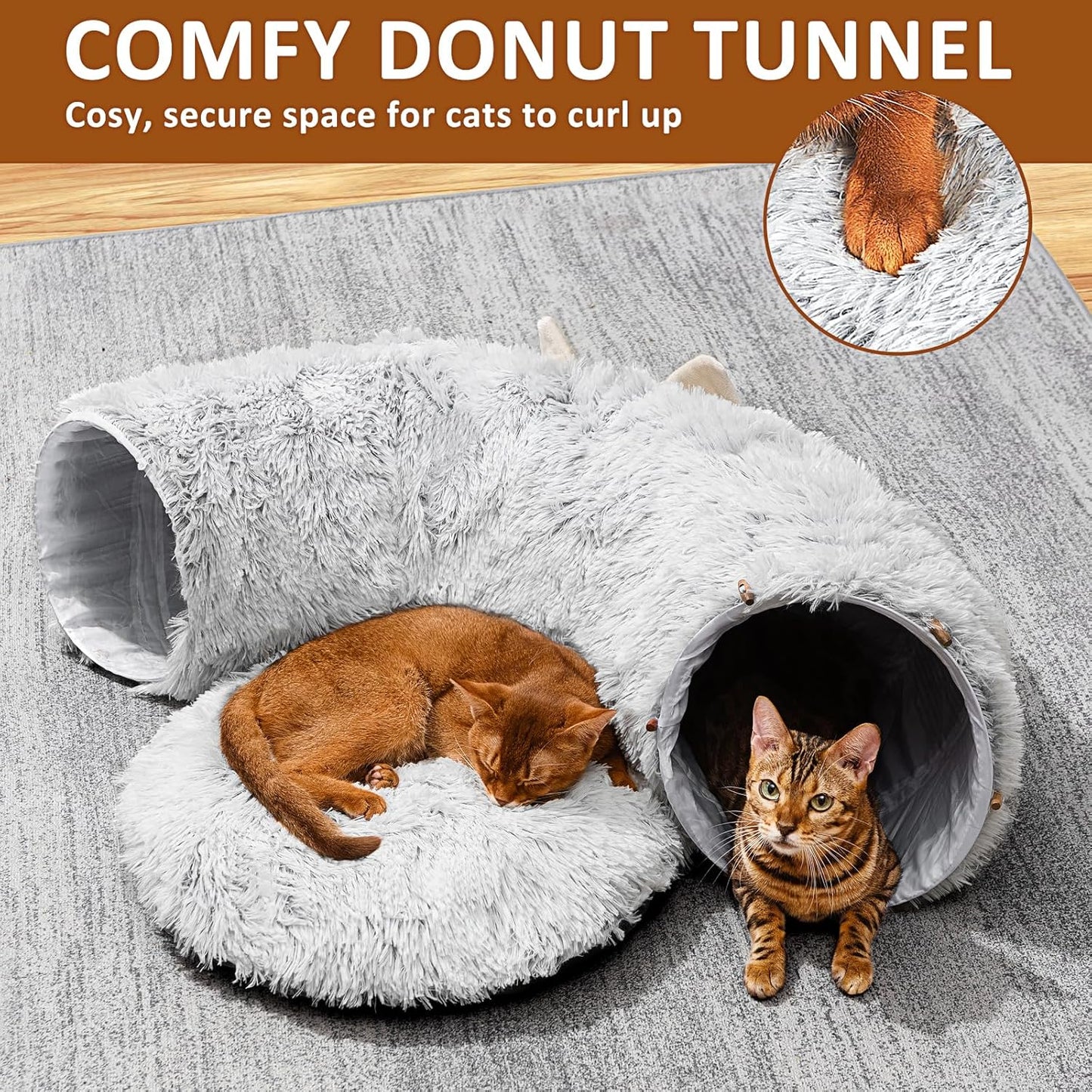 Cat Tunnel with Cat Bed, Soft Plush Peekaboo Cat Cave Donut Tunnel, Multifunctional Playground Toys Hideplace for Cats, Kittens, Rabbit, Ferret