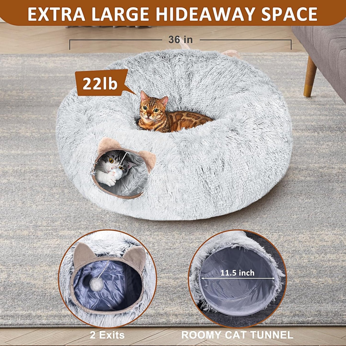 Cat Tunnel with Cat Bed, Soft Plush Peekaboo Cat Cave Donut Tunnel, Multifunctional Playground Toys Hideplace for Cats, Kittens, Rabbit, Ferret