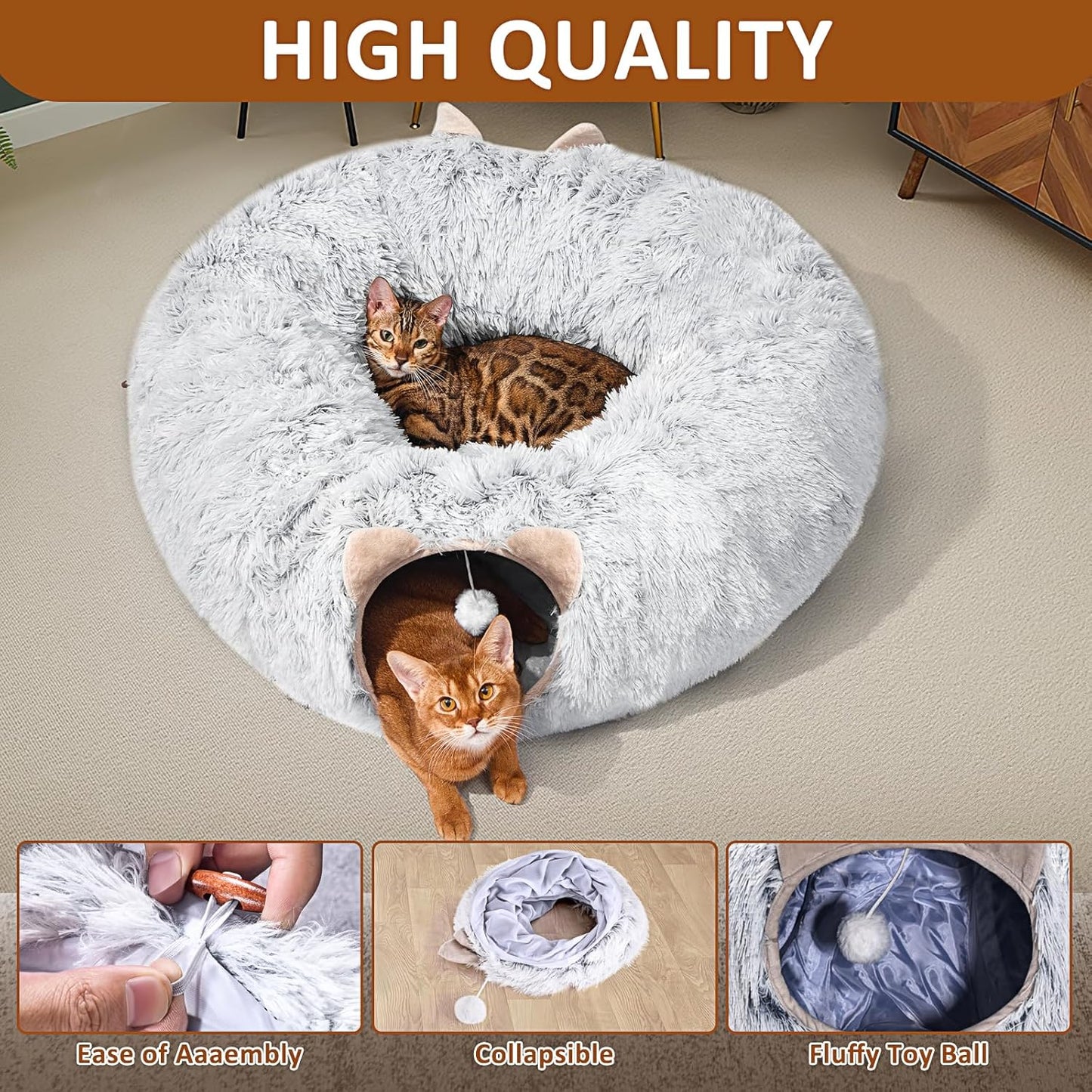 Cat Tunnel with Cat Bed, Soft Plush Peekaboo Cat Cave Donut Tunnel, Multifunctional Playground Toys Hideplace for Cats, Kittens, Rabbit, Ferret