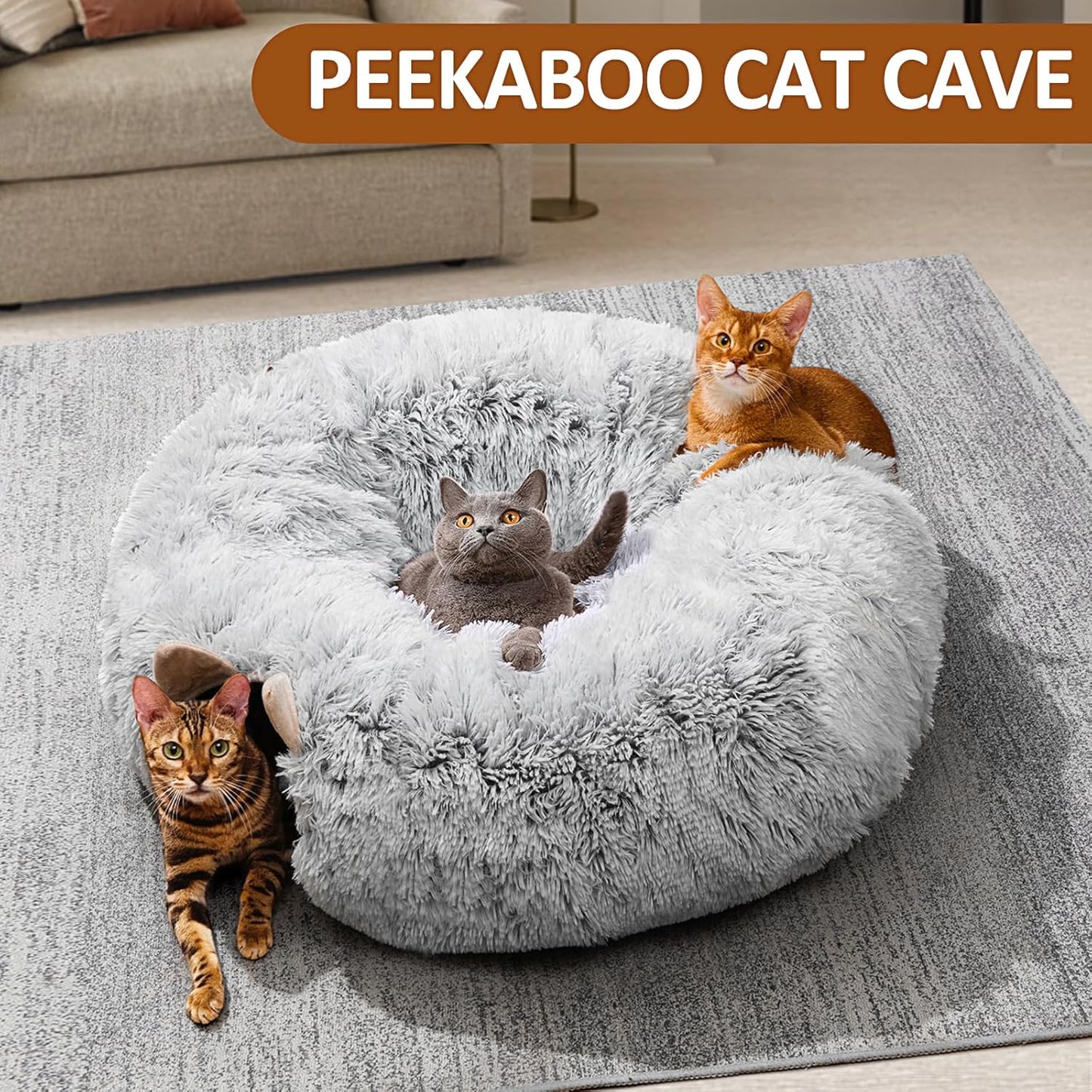 Cat Tunnel with Cat Bed, Soft Plush Peekaboo Cat Cave Donut Tunnel, Multifunctional Playground Toys Hideplace for Cats, Kittens, Rabbit, Ferret